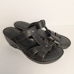 Born Womens Size 10 Black Leather Wedge Heel Open Toe Strappy Sandals B87203